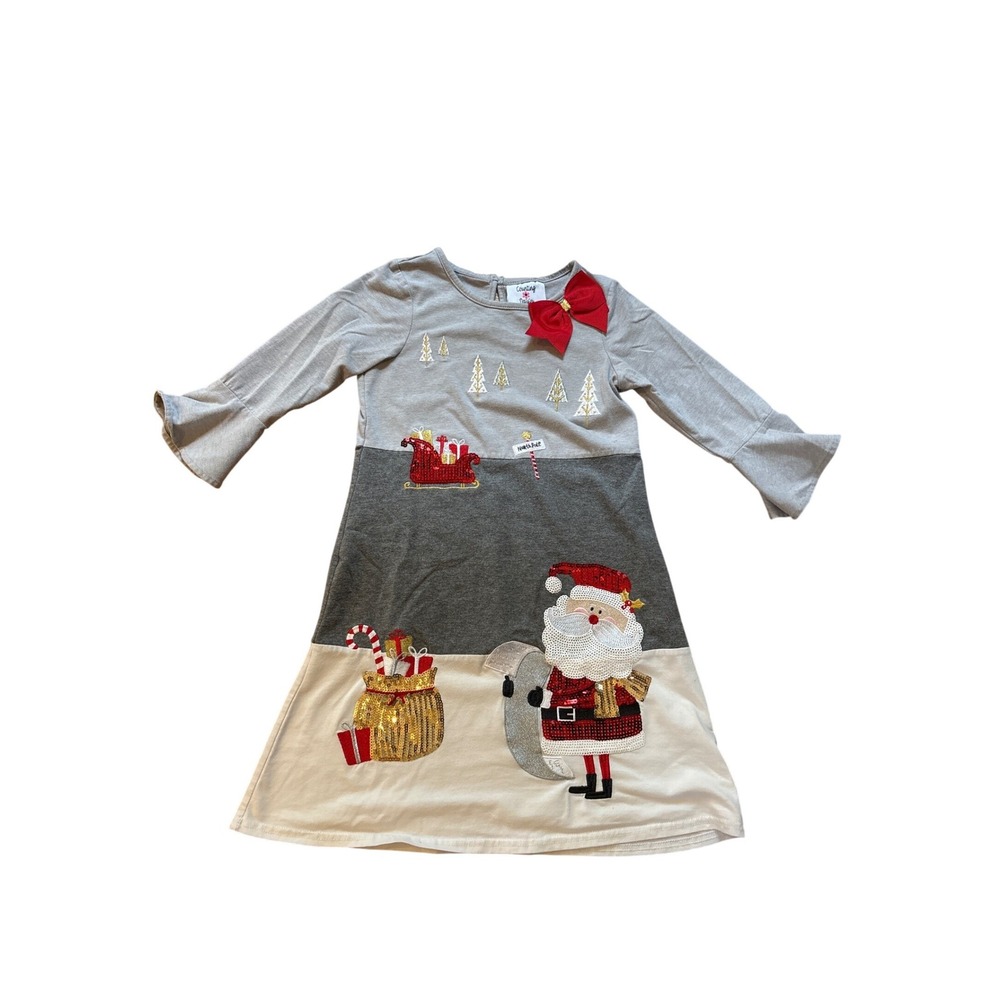 Counting Daisies Christmas Dress Girls Gray Santa Sequin Bell‎ Sleeve SIZE 8